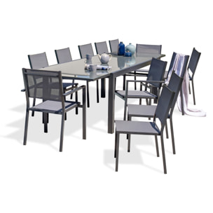 TOLEDE - Ensemble repas 12 places en aluminium anthracite et plateau verre