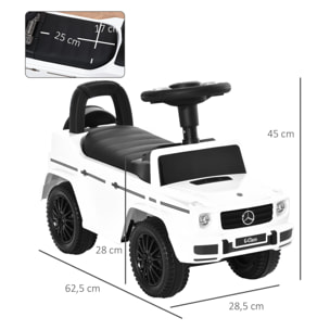 Correpasillos para Bebés de 12 a 36 Meses Coche Correpasillos Licencia Mercedes G350 con Compartimento de Almacenaje y Volante Carga 25 kg 62,5x28,5x45 cm Blanco