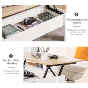Mesa de Centro Elevable Mesa de Café con Encimera Elevable Espacio Oculto de Almacenaje 100x50x45-58,5 cm Blanco y Natural