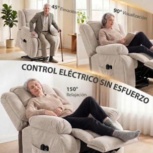 HOMCOM Sillón Relax Reclinable Eléctrico Levanta Personas Mayores con 8 Puntos Masaje Vibratorio y Calor, Sillón Elevador, Asiento Ancho, Puerto USB, Bolsillos, Reposapiés, de Terciopelo, Beige
