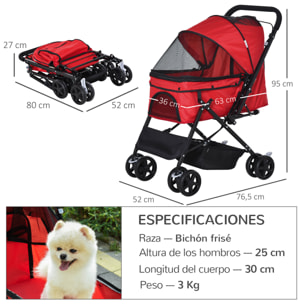 Cochecito para Mascotas Plegable Carrito para Perros Gatos con Toldo Ajustable Cesta de Almacenaje Correas de Seguridad y Frenos Tela Oxford 600D Acero 76,5x52x95 cm Rojo