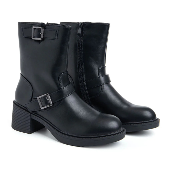 Stivaletto con doppia fibbia e tacco largo - NERO