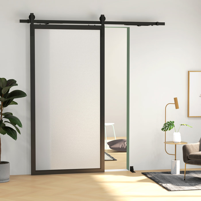 6,6FT/200cm Herrajes para Puerta Corredera con Amortiguador sin Perforación Kit de Accesorios para Puerta Corrediza con 2 Rieles para Granero Negro