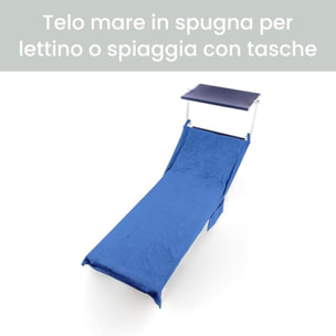 INTRECCI Telo Mare in Spugna, Asciugamano da Spiaggia Grande, 75x190 cm, Telo Mare Lettino con Tasche Portaoggetti e Bottoni, 100% Cotone, Morbido, Assorbente, Asciuga Rapidamente, Colore: Blu