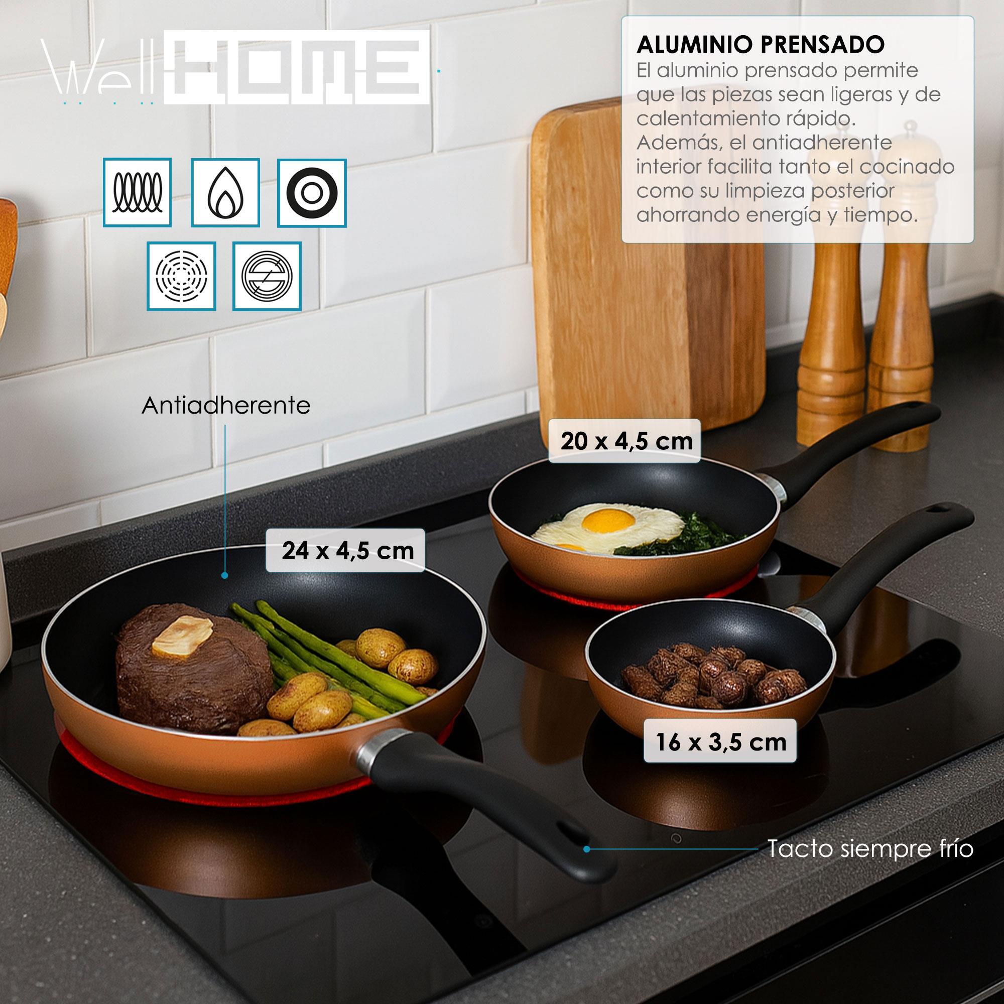 set de batería de cocina de 5pc en acero inoxidable + 3 sartenes ø16ø20ø24cm bronce metalizado en aluminio prensado