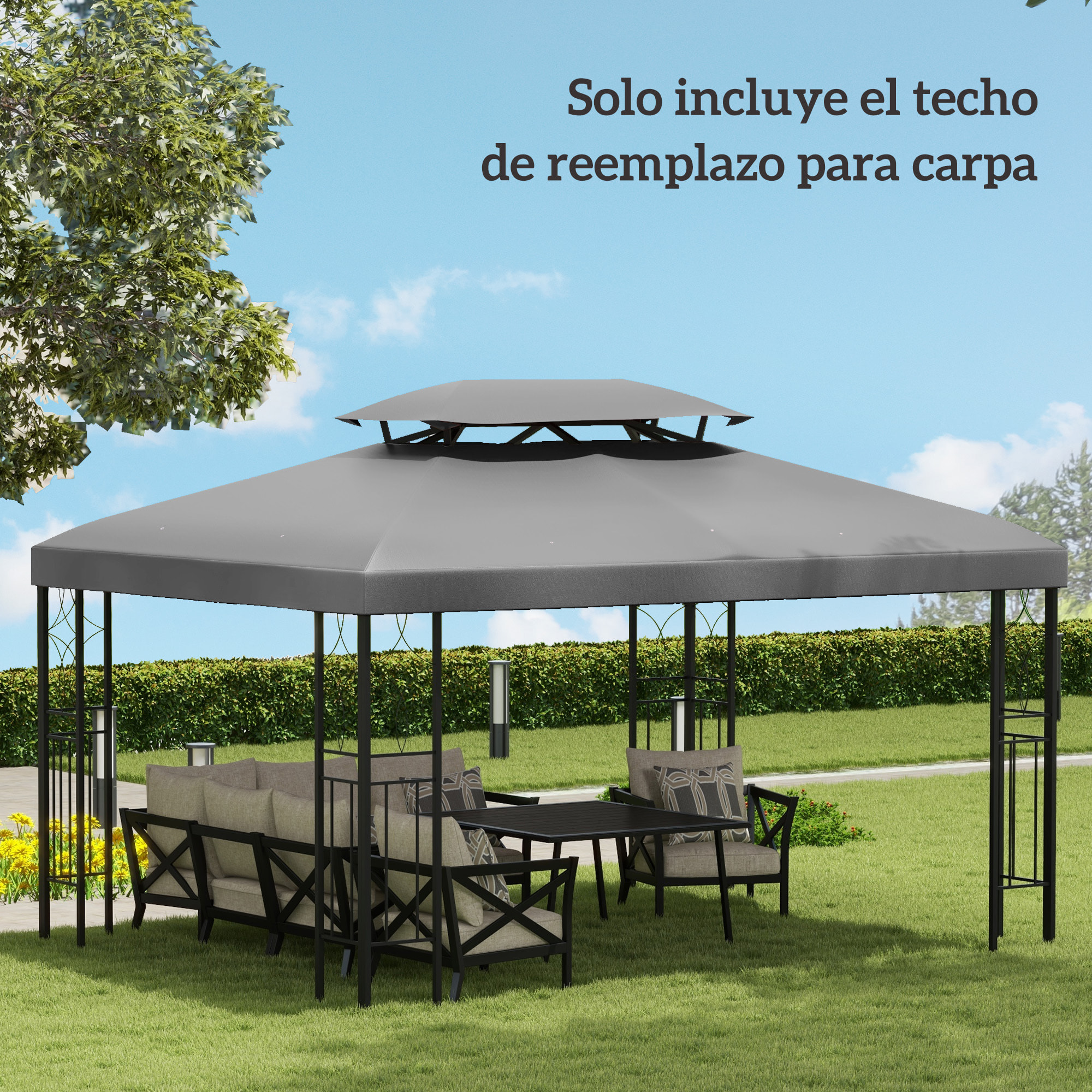 Techo de Repuesto para Cenador 4x3 m Cubierta de Repuesto con Techo Doble 10 Orificios de Drenaje y Protección UV Toldo de Recambio para Pabellón Gazebo Gris Claro