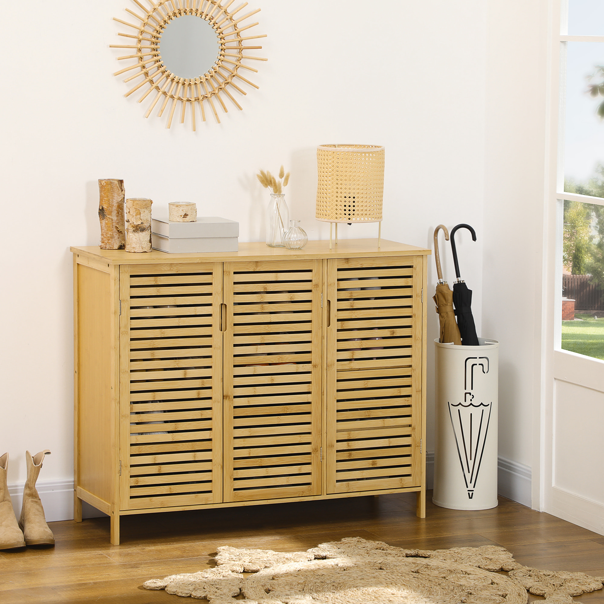 Mueble Zapatero de Recibidor Armario Zapatero con 3 Puertas de Persianas Estantes Ajustables para 16 Pares de Zapatos para Pasillo Entrada 100x35x80 cm Natural