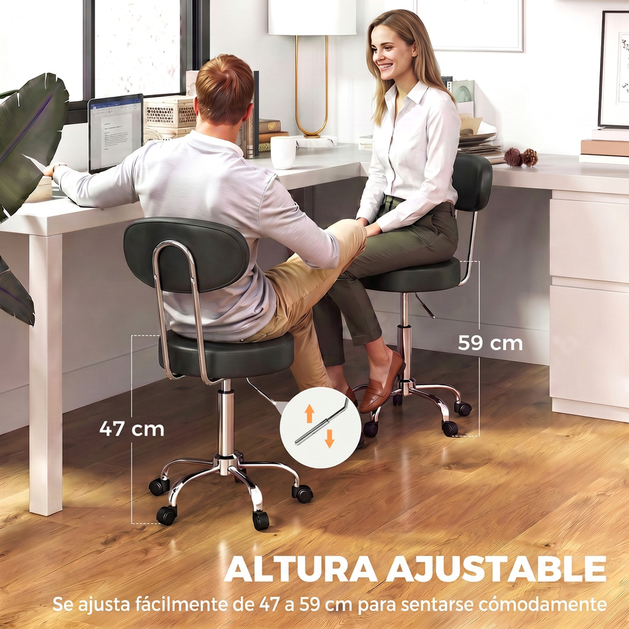 HOMCOM Taburete con Ruedas, Taburete Giratorio con Respaldo, Altura Regulable, Tapizado en Cuero Sintético, Asiento Acolchado, para Spa, Tatuajes, Oficina, Dormitorio, Negro