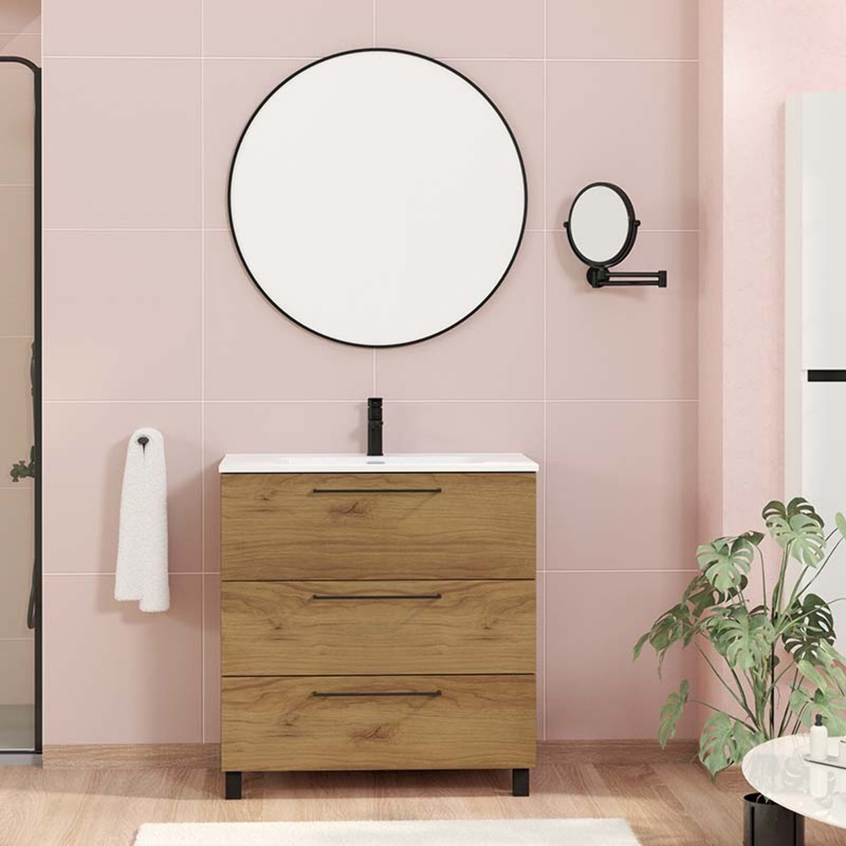 Ensemble De Salle De Bain Haru | Meuble De Salle De Bain Avec Pieds | 80 Cm Teka| 3 Tiroirs | Vasque Ceramique | N'Inclut Pas Miroir | Alday