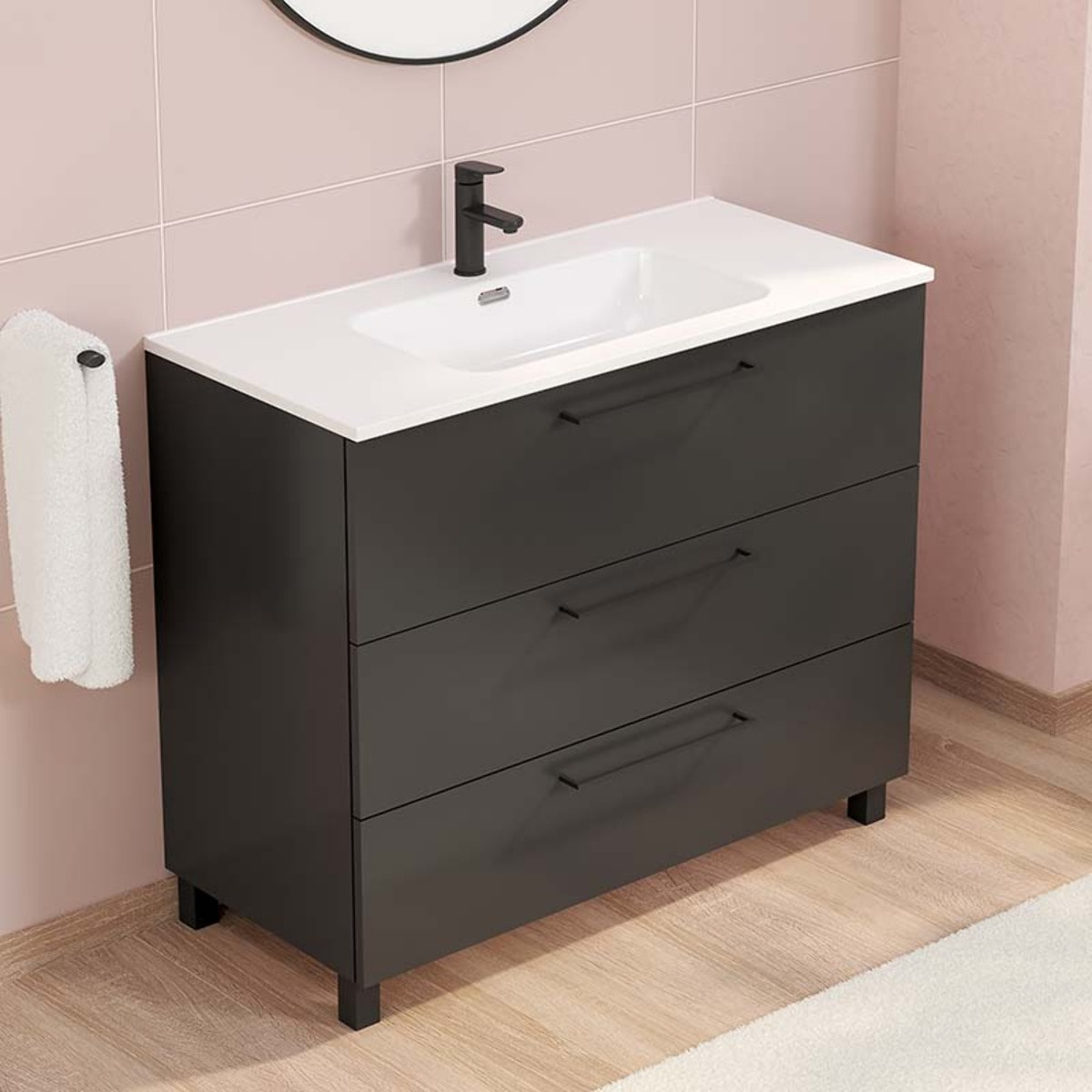 Conjunto de baño Haru | Mueble de baño con patas | 100 cm Negro| Tres cajones | Lavabo encastrado | No incluye espejo | Alday