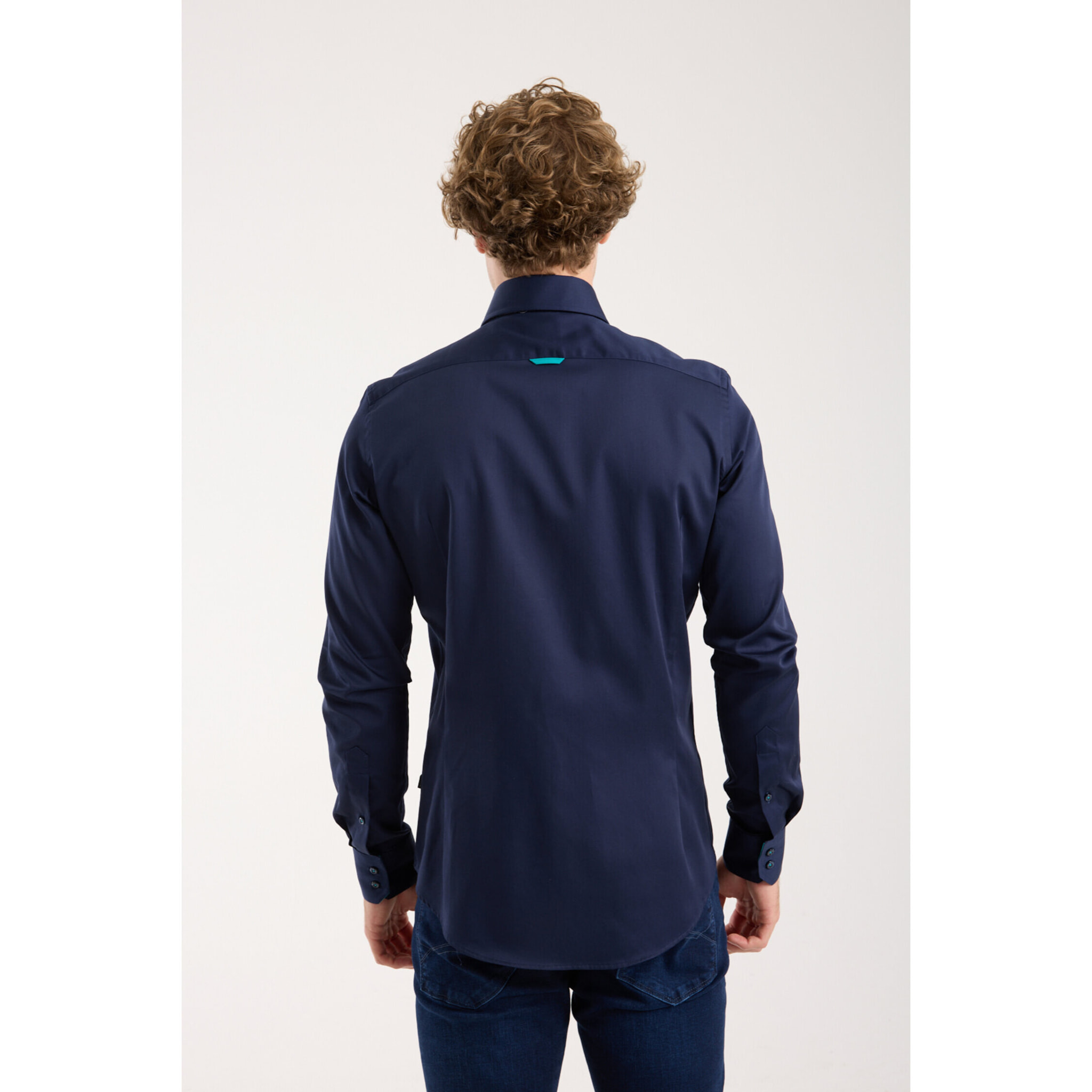 Camicia Uomo 2 Bottoni Button Down Triplo Collo Slim Satin Unito Blu