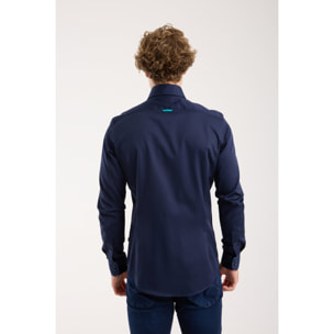 Camicia Uomo 2 Bottoni Button Down Triplo Collo Slim Satin Unito Blu