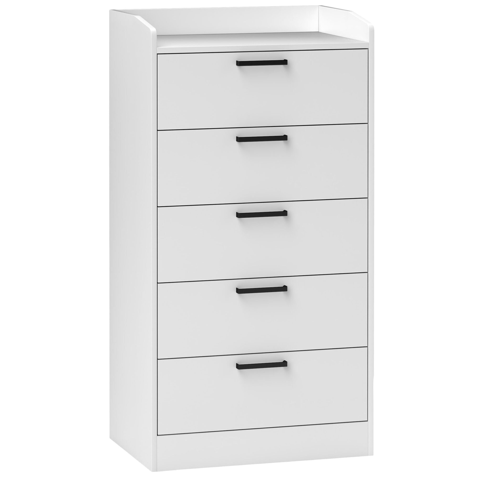 Commode 5 tiroirs et plateau - meuble de rangement bureau - poignées métal noir MDF blanc