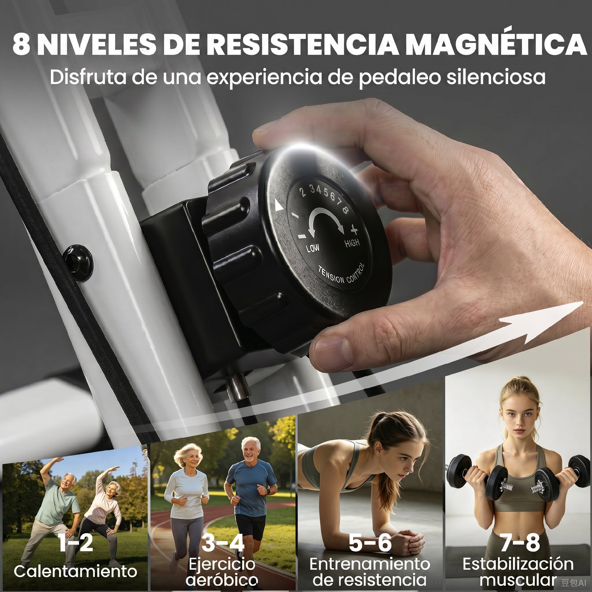 Bicicleta Estática Plegable 4 en 1 con Respaldo y 8 Niveles Resistencia Magnética Bicicleta Estática Casa Ajustable con Bluetooth Monitor LCD Volante Bandas Sensor Pulso Soporte Móvil Blanco
