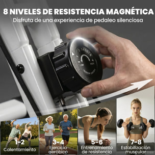 Bicicleta Estática Plegable 4 en 1 con Respaldo y 8 Niveles Resistencia Magnética Bicicleta Estática Casa Ajustable con Bluetooth Monitor LCD Volante Bandas Sensor Pulso Soporte Móvil Blanco