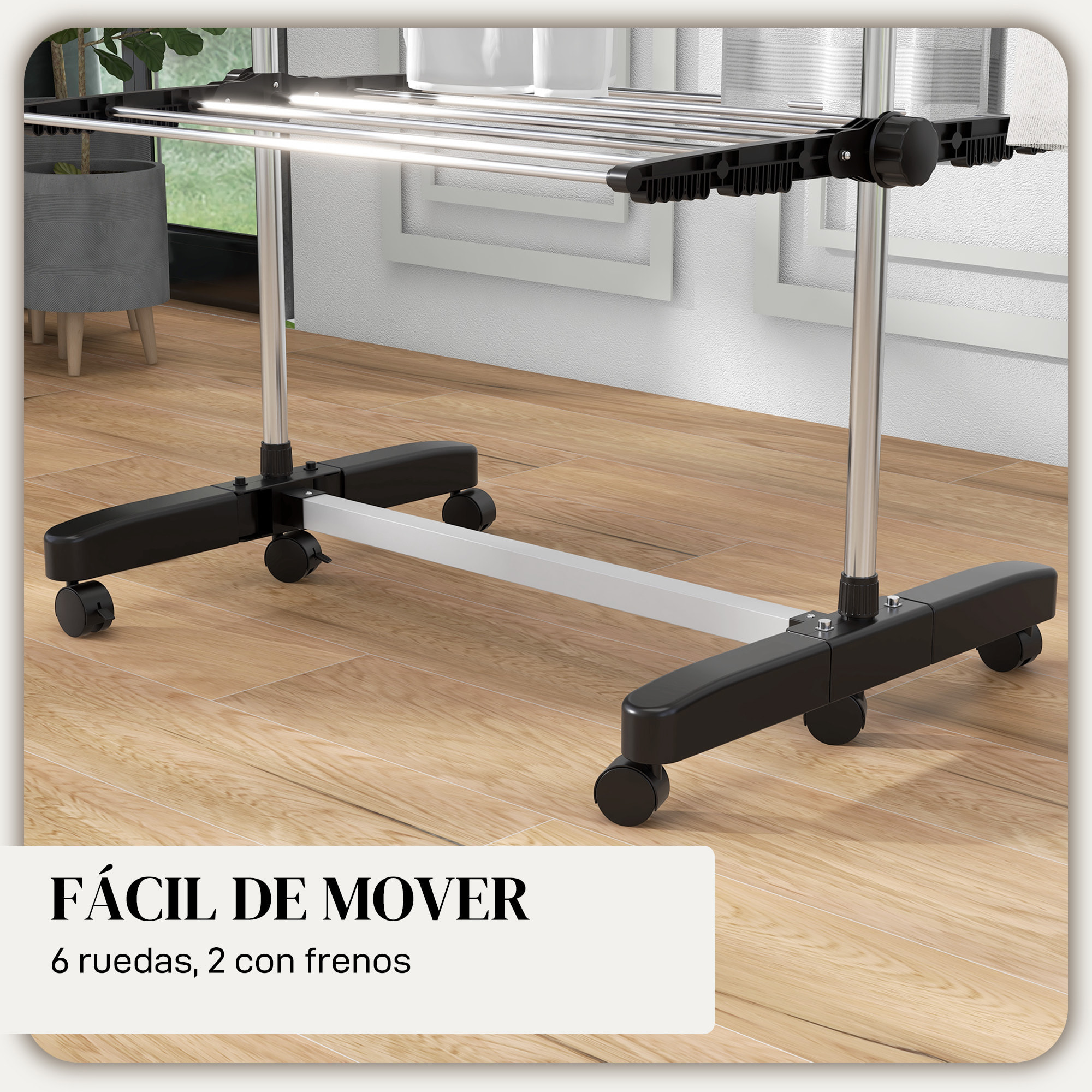Tendedero Vertical Plegable Tendedero de Ropa con 6 Ruedas 2 Laterales Abatibles Estantes Ajustables y Marco de Acero Inoxidable para Interior y Exterior Negro y Plata