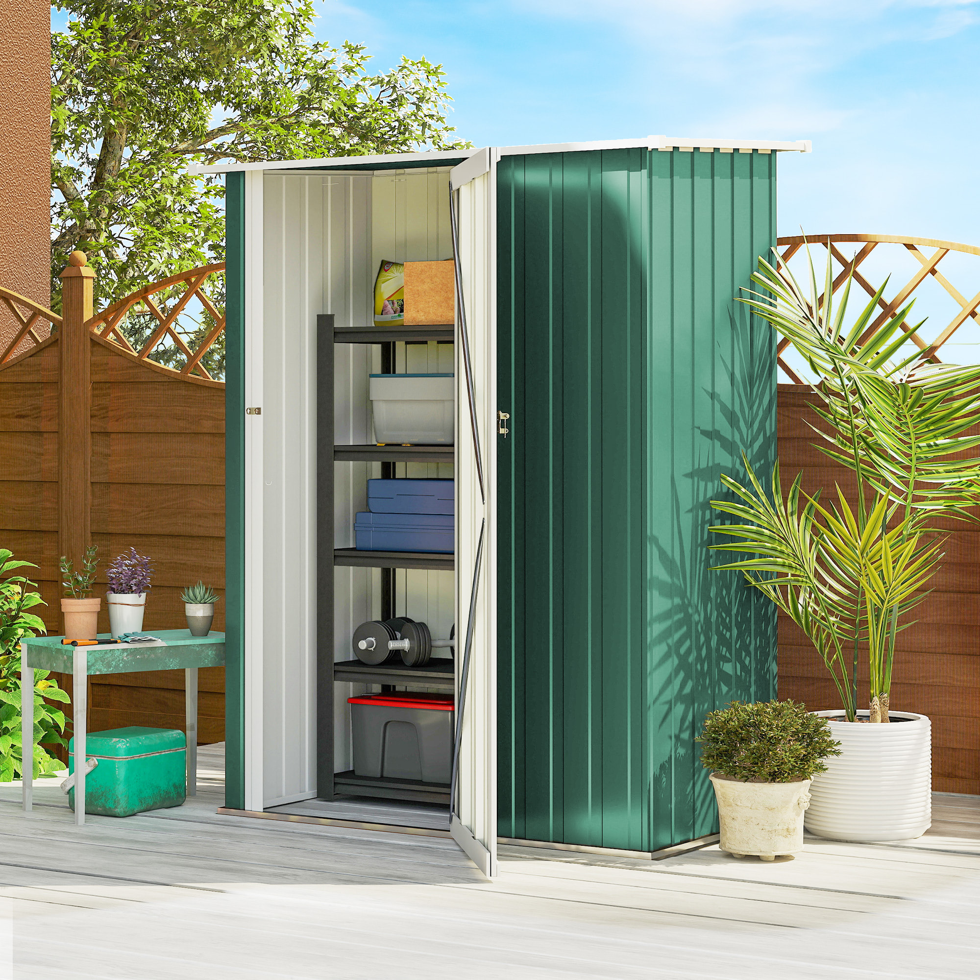 Caseta de Jardín 1,07 m² 142x86x189 cm Cobertizo Exterior Metálico con Puerta Cerradura y Orificios de Drenaje para Almacenamiento de Herramientas Verde