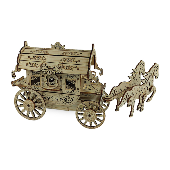 Maqueta de Madera 3D, con movimiento mecánico diseño de carruaje con caballos. 134 piezas.