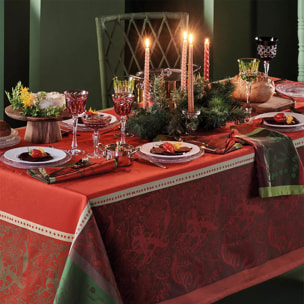 Set pur coton anti tache motif jacquard Noel fruite rouge