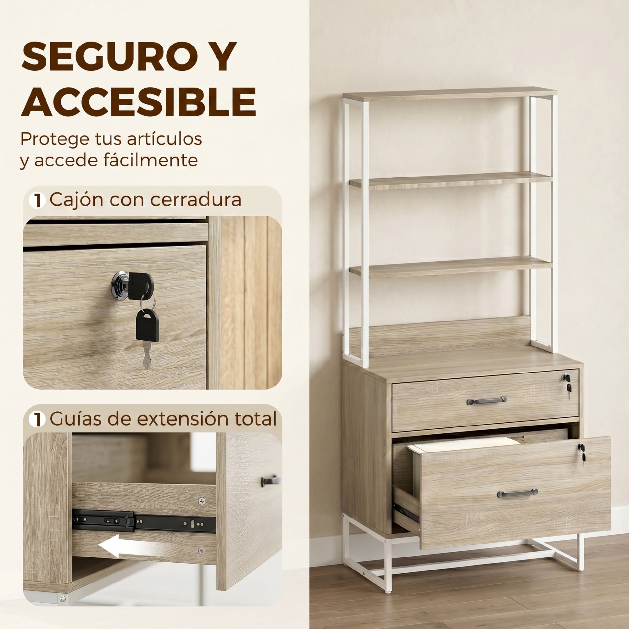 Cajonera Escritorio con Estantería, Mueble Archivador con 2 Cajones, Encimera para Impresora, Cerradura, para A4 Letter Legal, para Oficina, Estudio, Roble