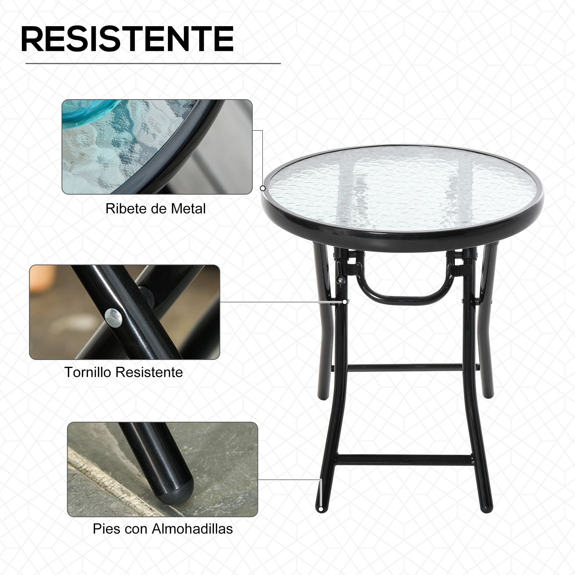 Mesa de Vidrio Redonda Plegable Mesa de Jardín con Hebilla de Seguridad Borde Cubierto de Metal Patio Interior y Exterior Ø45x50 cm Negro
