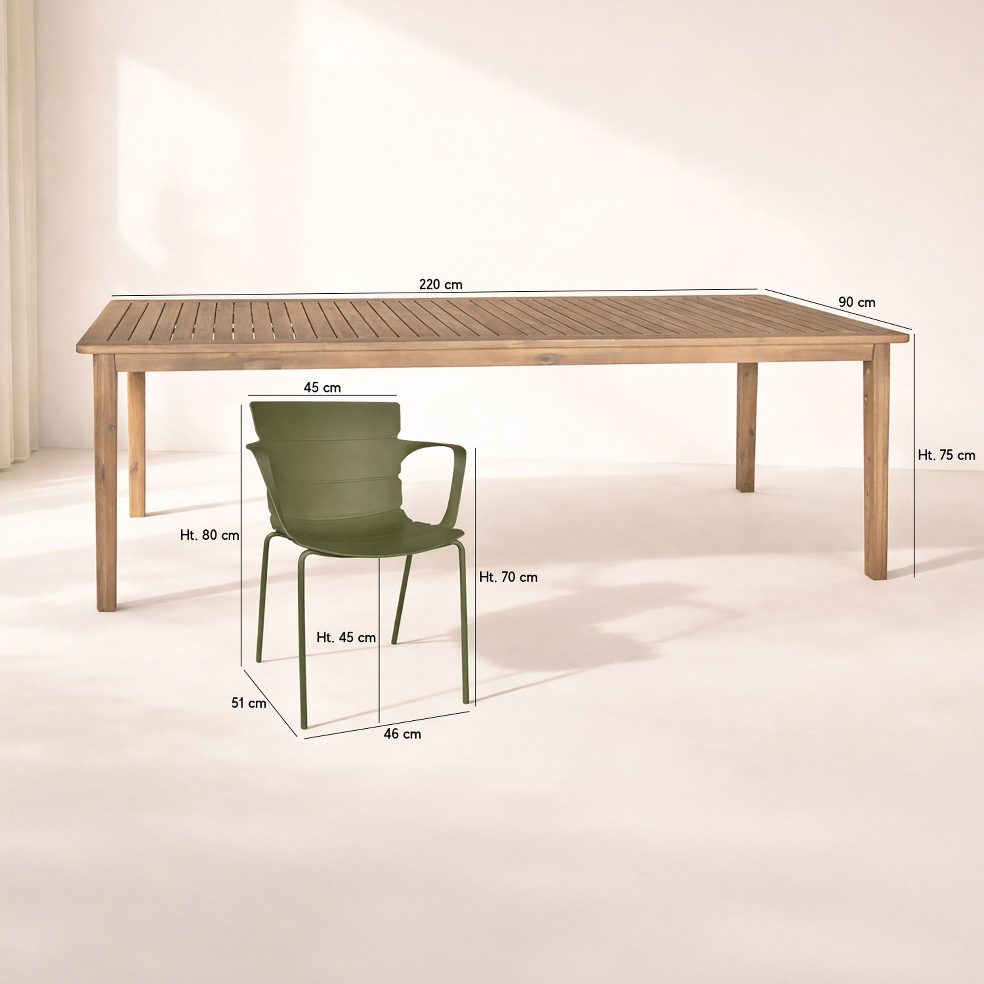 Ensemble table en bois d'acacia et 8 fauteuils de jardin vert MONTAUK