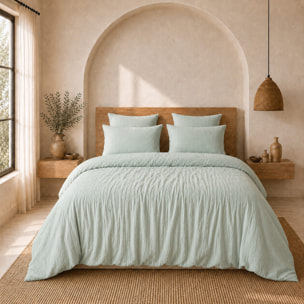 Parure housse de couette unie 100% gaze de coton - ava - vert givrée