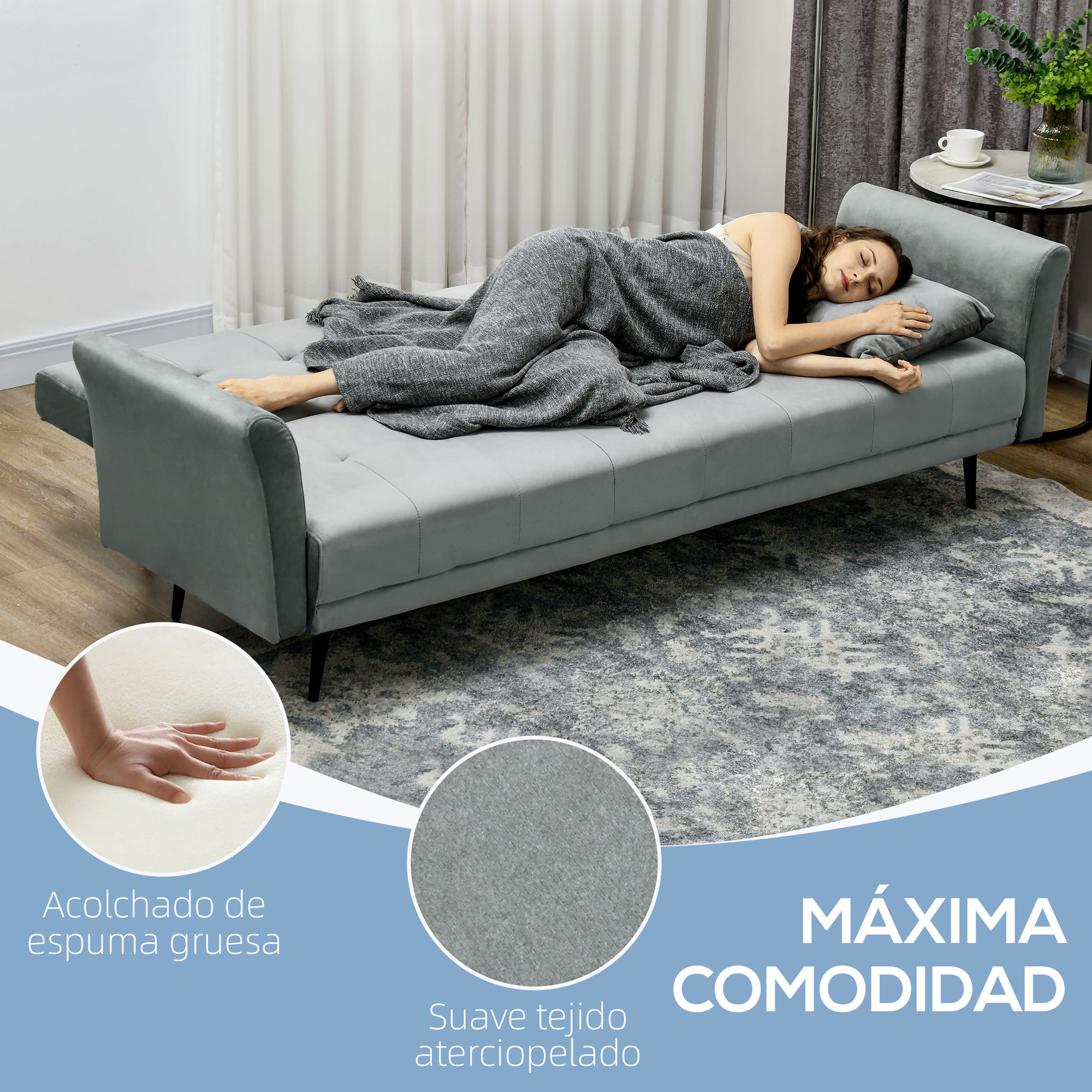 Sofá Cama Convertible Sillón Cama Sofá Cama de 3 Plazas con Respaldo Ajustable de 3 Niveles y 2 Almohadas Acolchadas Carga 360 kg para Oficina Dormitorio Salón Gris