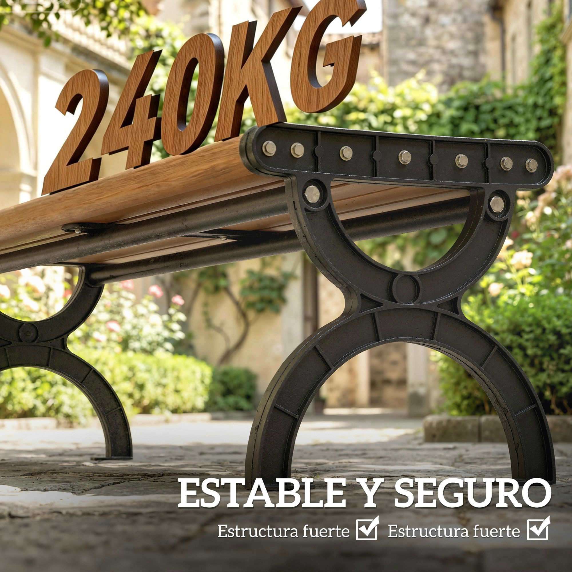 Banco de Jardín Exterior de 2 Plazas, Banco Exterior con Estructura Metálica y Asiento Listonado, para Patio, Terraza, 124x39x39 cm, Marrón