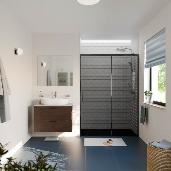 PURA Porte de douche 140x195cm coulissa40BGGnte anticalcaire avec profilés Noir mat (CERAHP1)