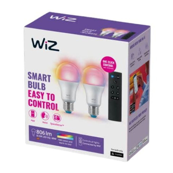Ampoule LED connectée WIZ Kit E27 60W x2 + télécommande