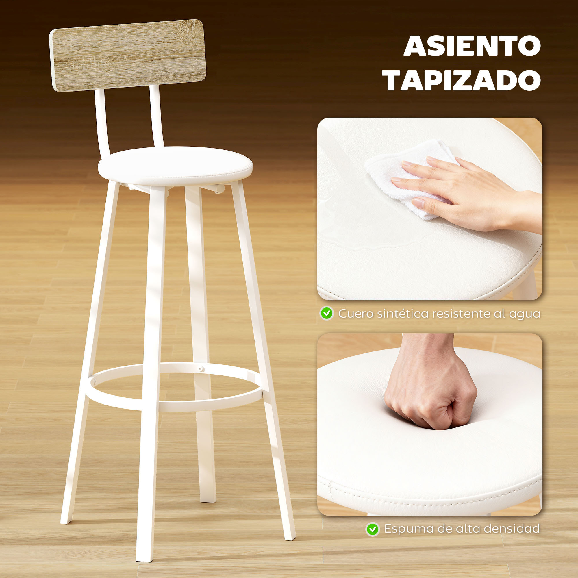 Juego de 2 Taburetes de Bar, Taburetes Altos de Cocina con Respaldo y Reposapiés, Tapizados de PU, Asiento de 75,5 cm de Altura, Fácil Montaje, Estilo Industrial, Natural y Blanco