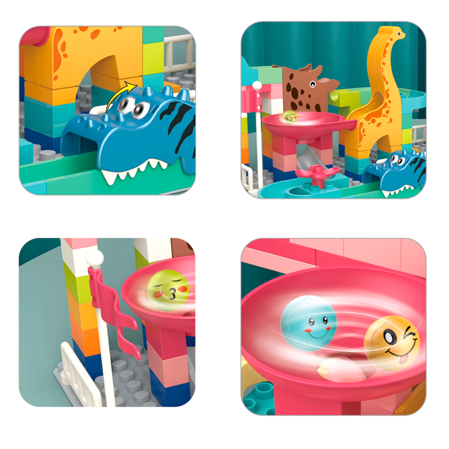 Blocchi di costruzione di dinosauri con scivolo per palline. 62 pezzi.