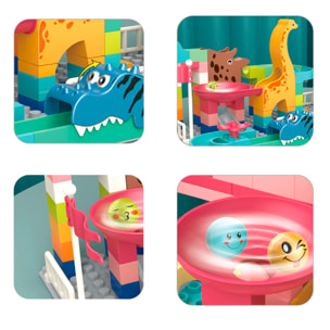 Blocchi di costruzione di dinosauri con scivolo per palline. 62 pezzi.