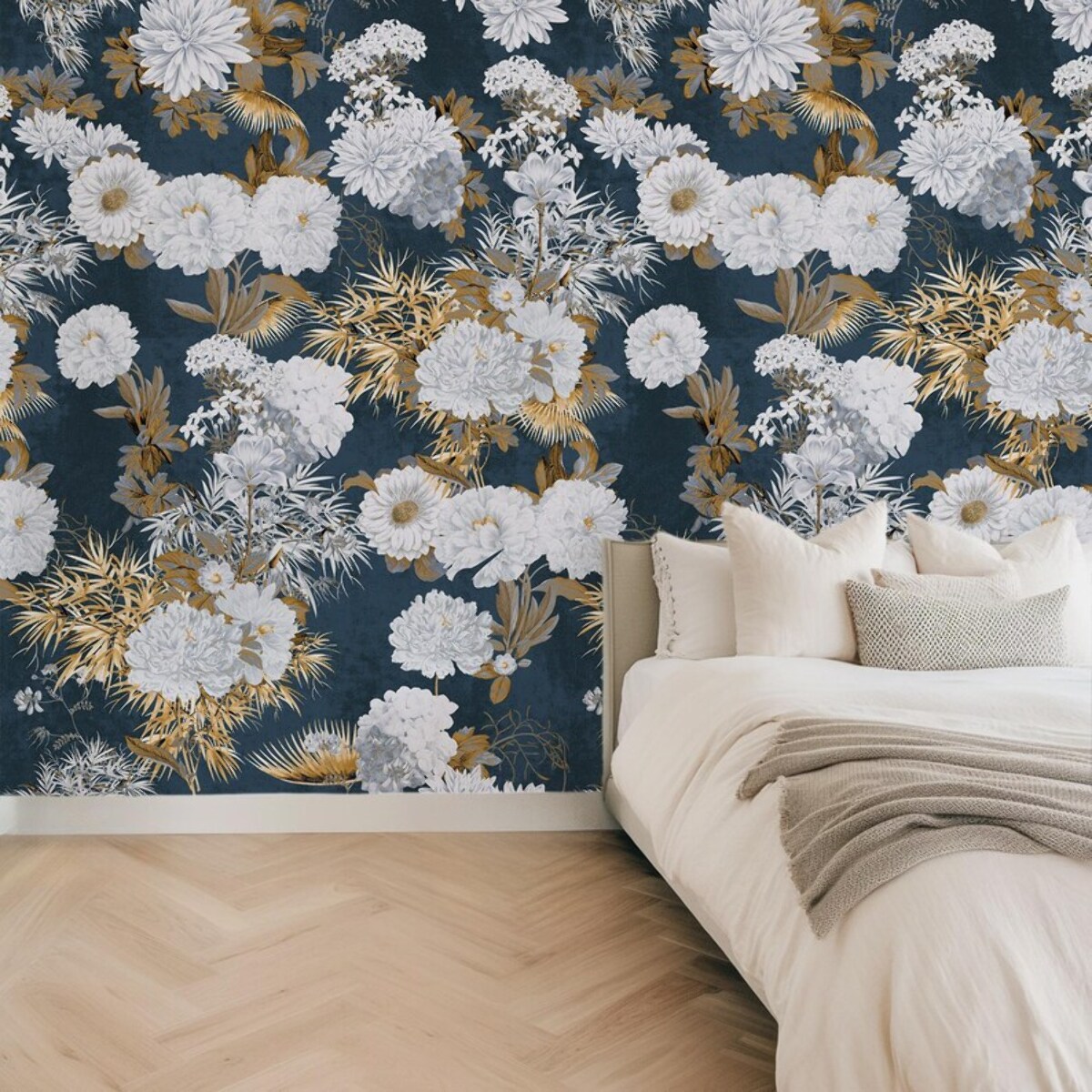 Carta da Parati Floreale Blu e Oro