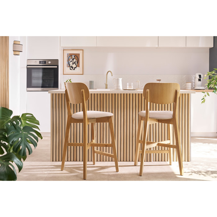 Tabourets de bar en bois clair chêne et tissu effet velours terre brûlée H65 cm (lot de 2) LUCIA