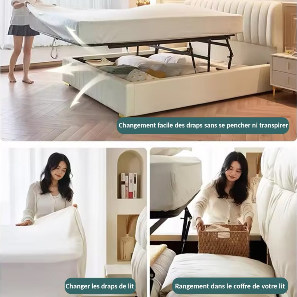 Lit coffre Parallèle | 3 Positions : Stocker, Faire Le lit, Repos | Espace de stockage jusqu'à 900 L | Tissu | Gris Clair
