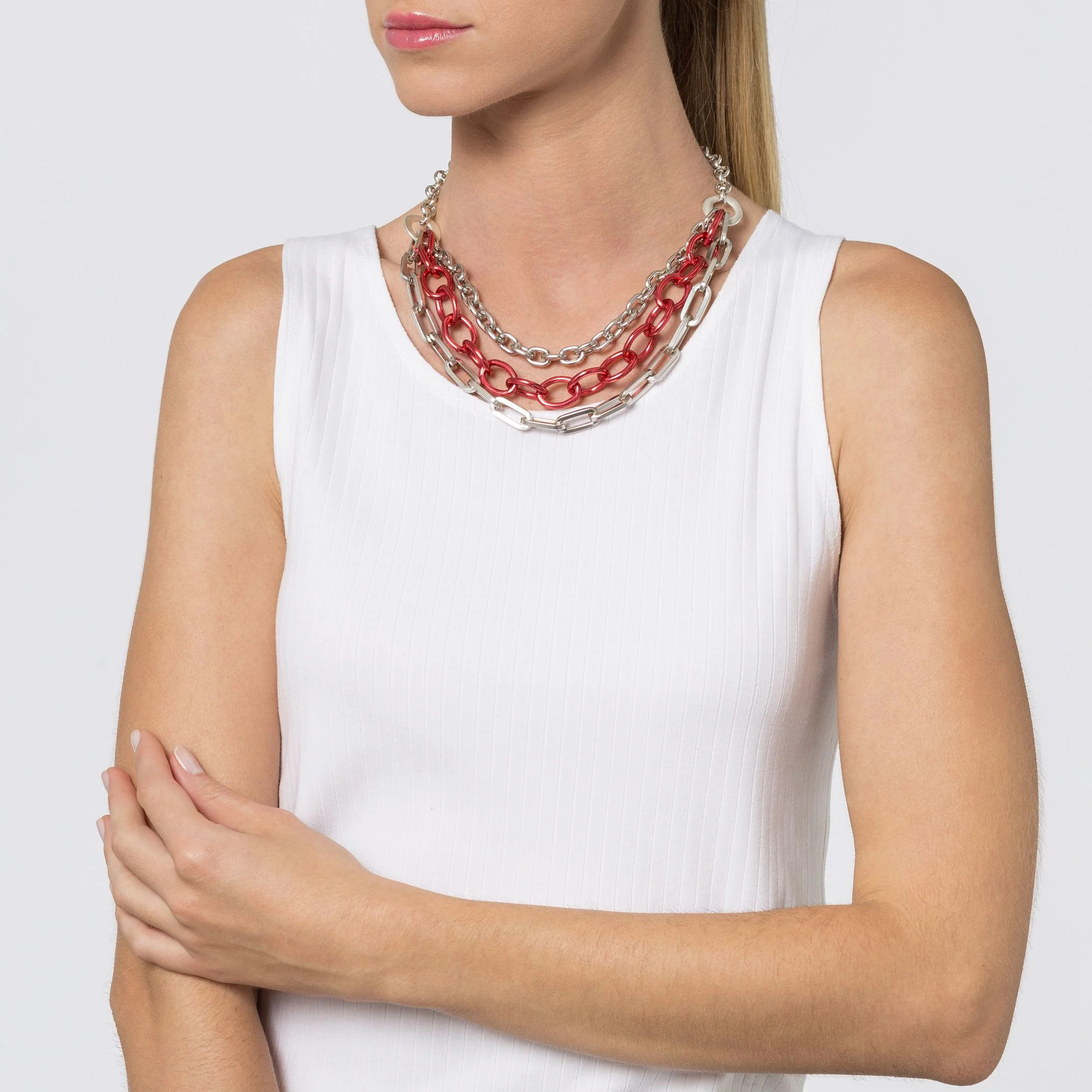 Collar "tres vueltas" en plata y rojo