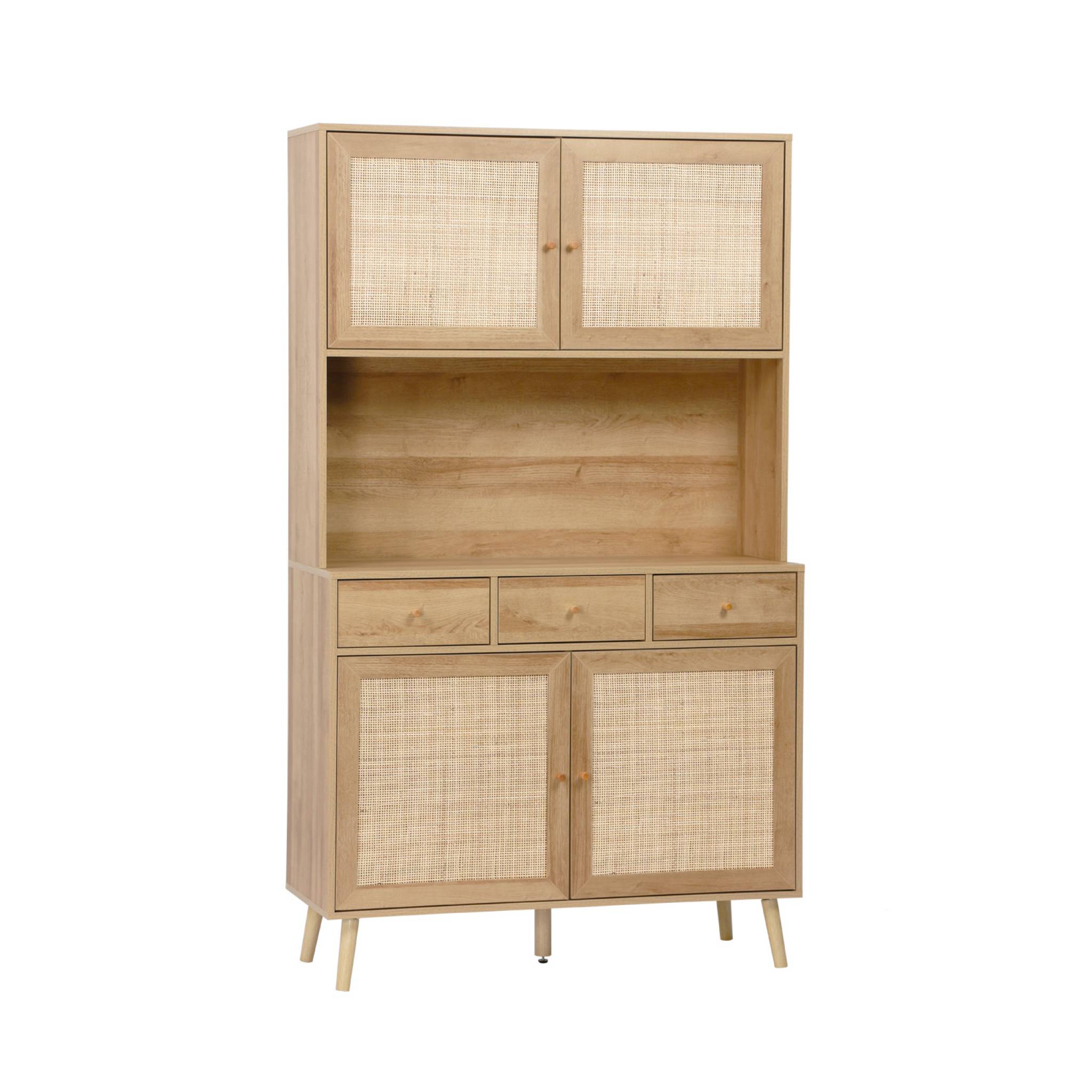 Buffet décor bois et cannage 4 portes 3 tiroirs 110 cm BOHÈME