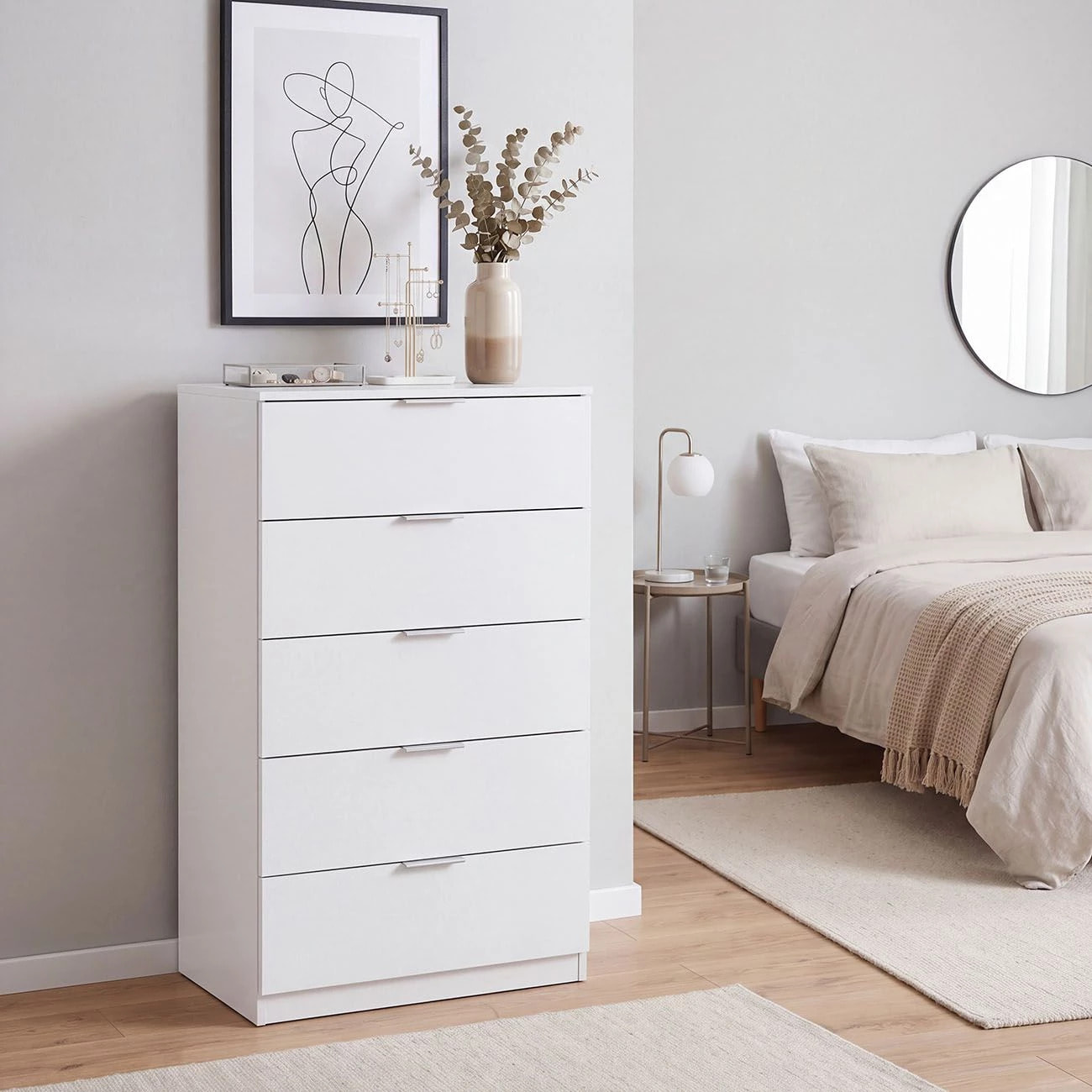 Cómoda alta de 5 cajones en blanco artik 60x110 cm Akari Blanco Artik (Blanco Mate)
