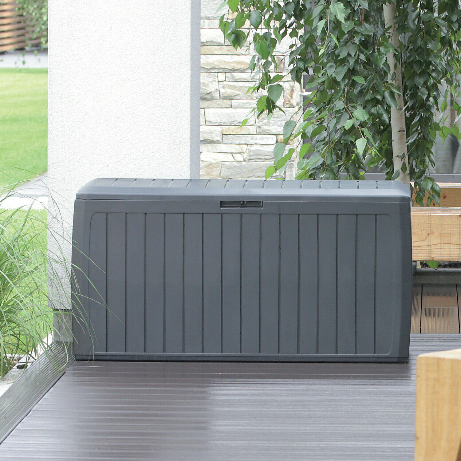 Baul de jardin 190 litros Prosperplast Woodebox de plastico en color antracita 78 x 43,3 x 55 cm