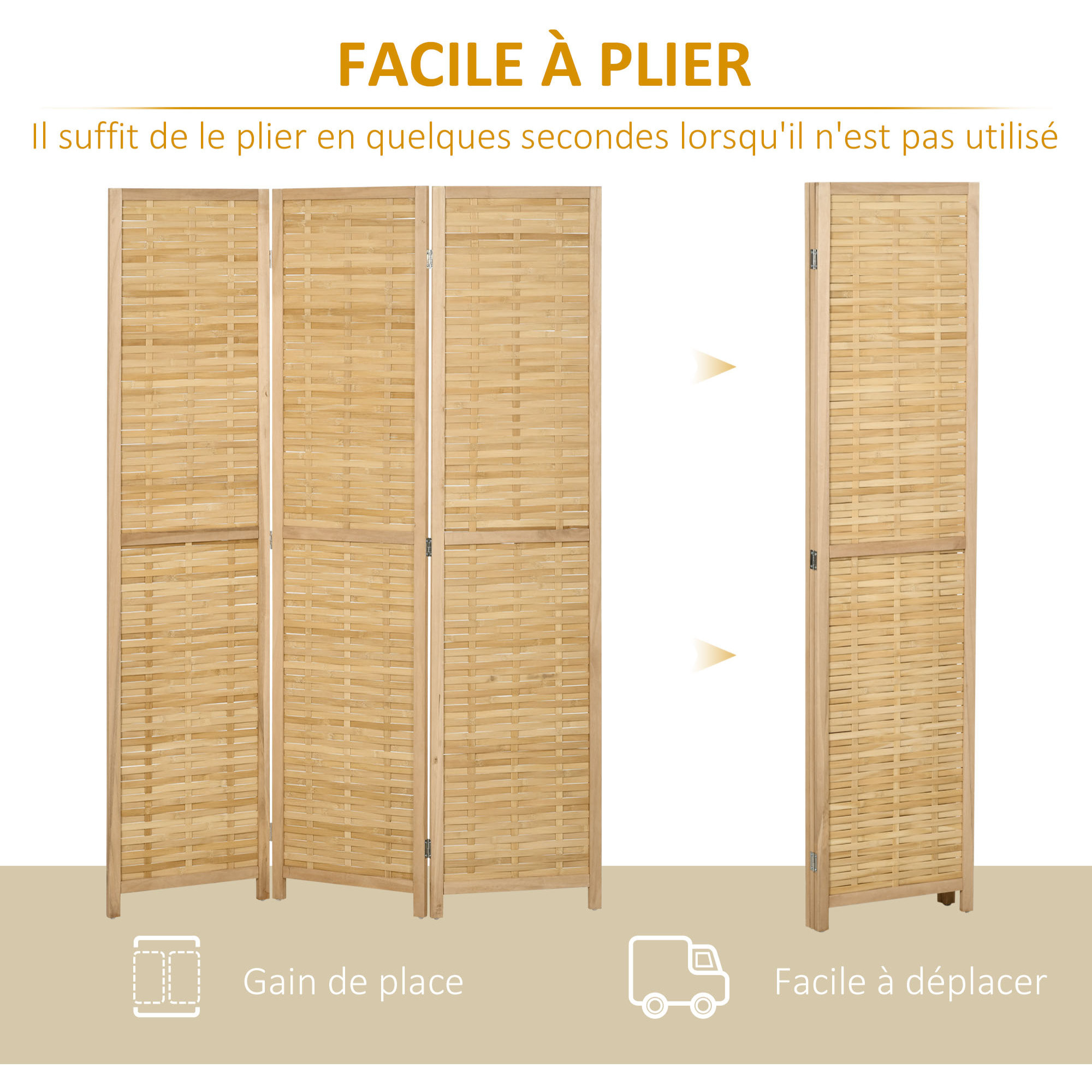 Paravent intérieur séparateur de pièce pliable 3 panneaux dim. 120L x 170H cm bois bambou