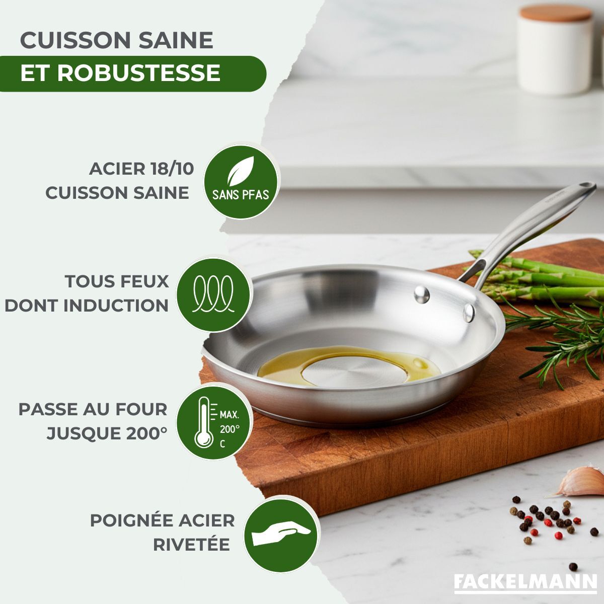 Poêle à Frire, Casseroles, Faitouts inox 18/10 Triply et couvercle Fackelmann Vita3