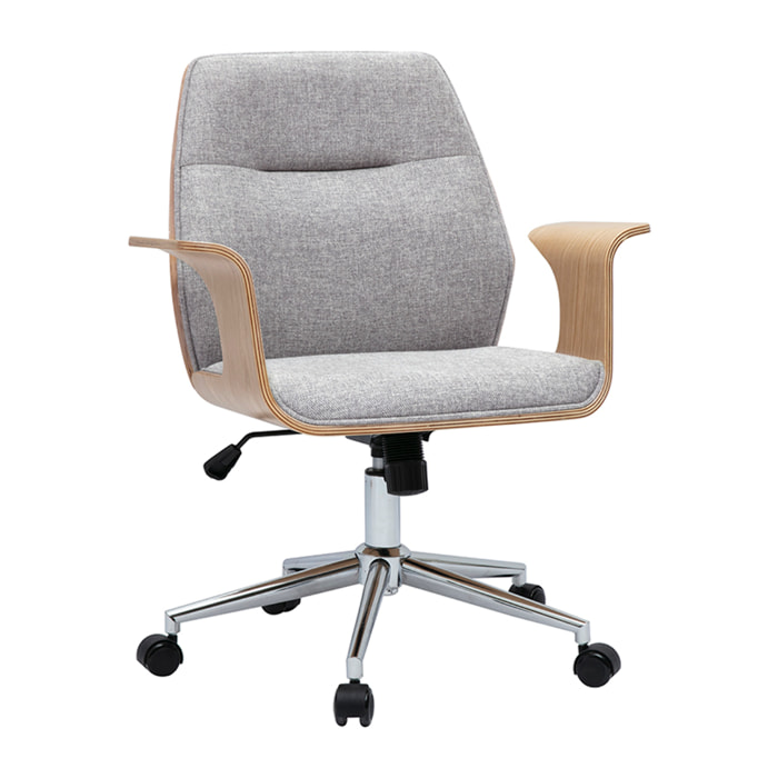 Chaise de bureau à roulettes design en tissu effet velours texturé gris, bois clair et acier chromé RUFIN