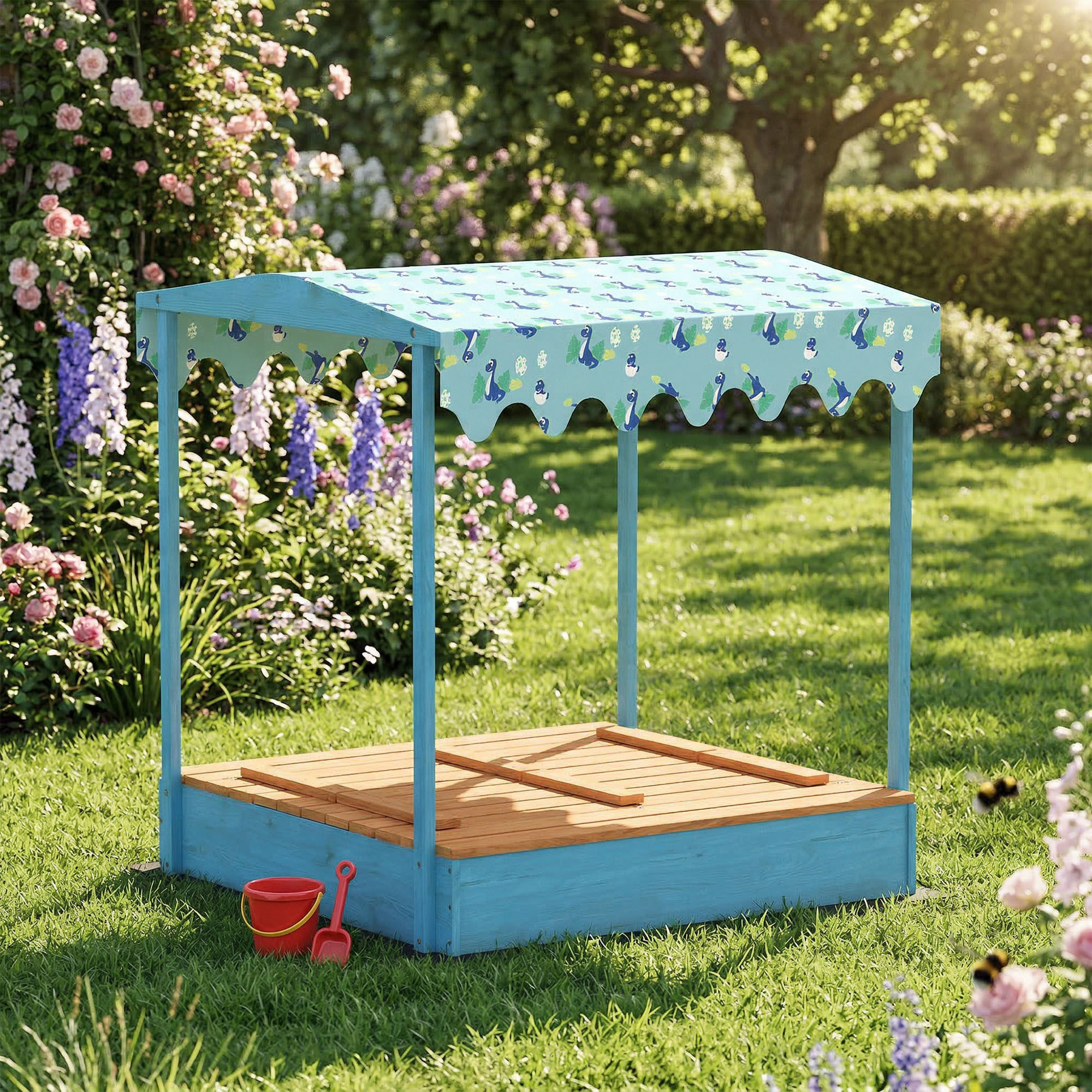 Bac à sable enfant couvercle siège pliable auvent bois bleu