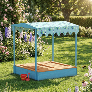 Bac à sable enfant couvercle siège pliable auvent bois bleu