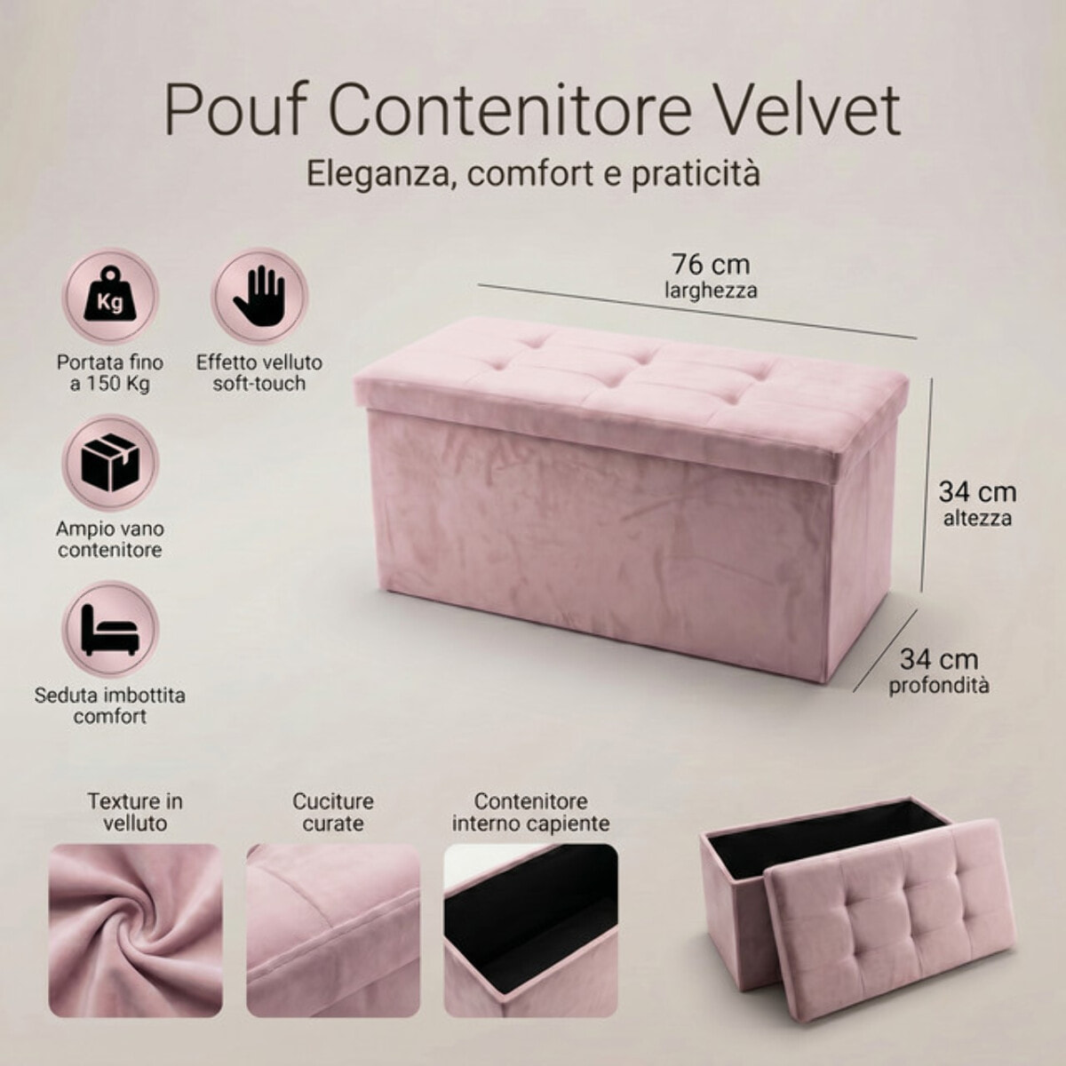 Pouf contenitore in velluto 76x34x34 cm, panca pieghevole con vano capiente, seduta imbottita trapuntata resistente fino a 150 kg, design elegante Double Velvet, salvaspazio ideale per camera soggiorno ingresso e fondo lett