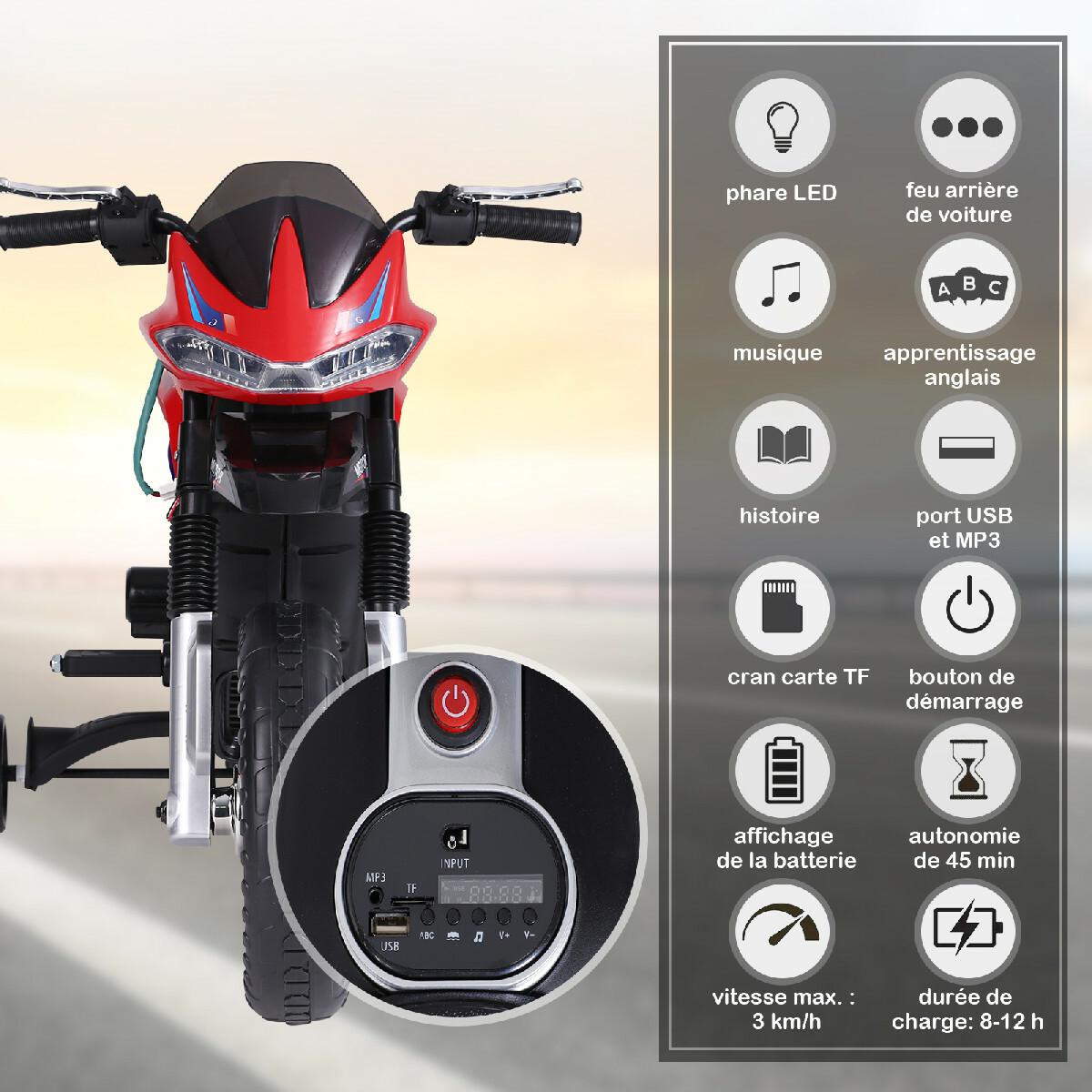 Moto électrique pour enfants 25 W 6 V 3 Km/h effets lumineux et sonores roulettes amovibles rouge