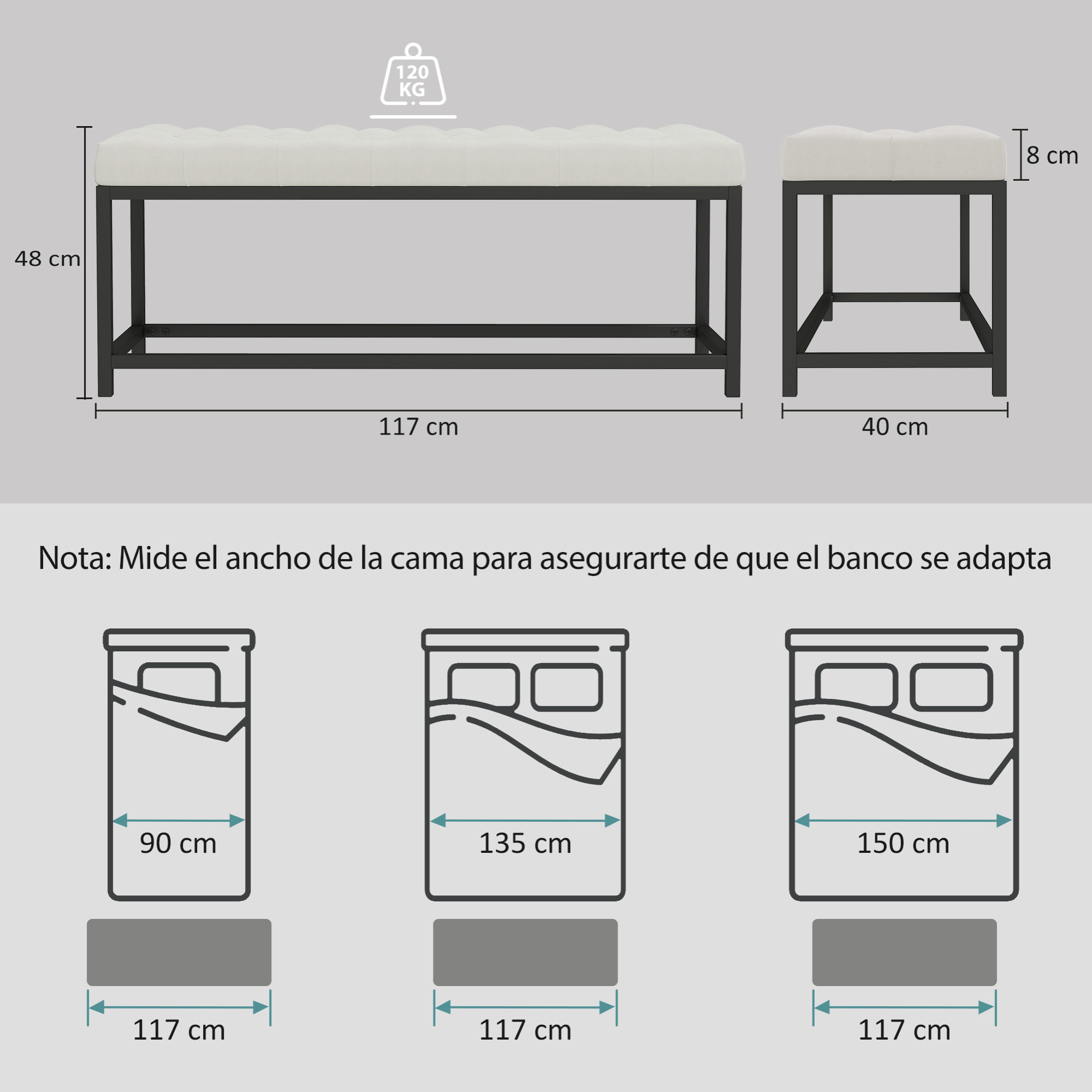 Banco Pie de Cama, Tapizado en Terciopelo, Banqueta para Dormitorio, Diseño Capitoné, Base de Metal, Banco para Dormitorio, Entrada, Salón, Recibidor, Crema