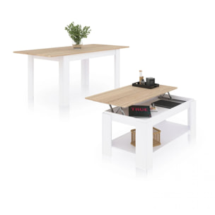 Pack mesa de comedor 140 y mesa de centro Lya Blanco Artik (Blanco Mate) - Roble Canadian